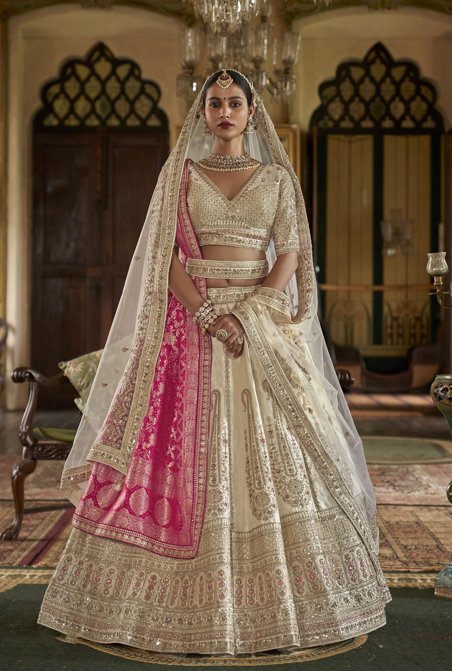 White Banarasi Silk Sequins & Zari Embroidery Bridal Lehenga