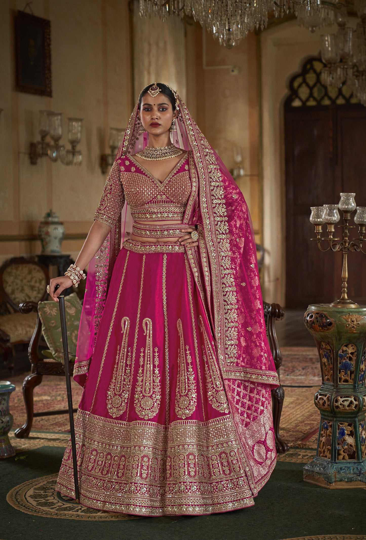 Dark Pink Banarasi Silk Heavy Zari Embroidery Bridal Lehenga