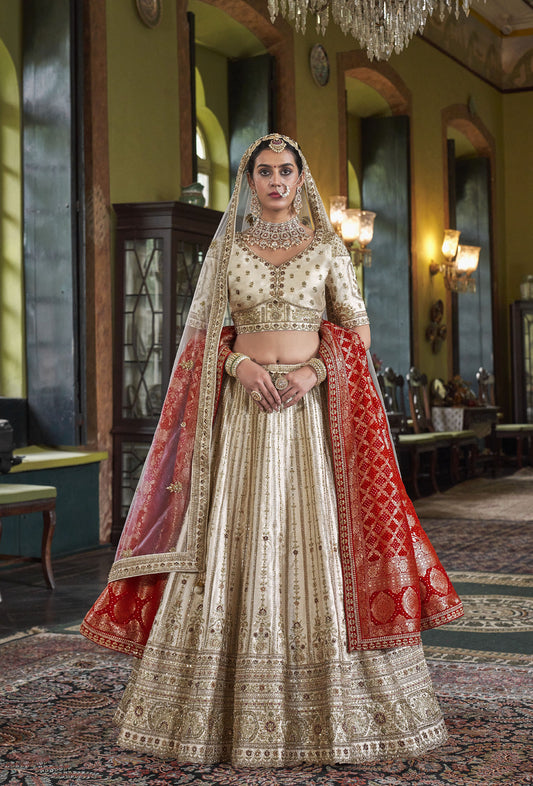 White Banarasi Silk Sequins and Pearl Embroidery Bridal Lehenga