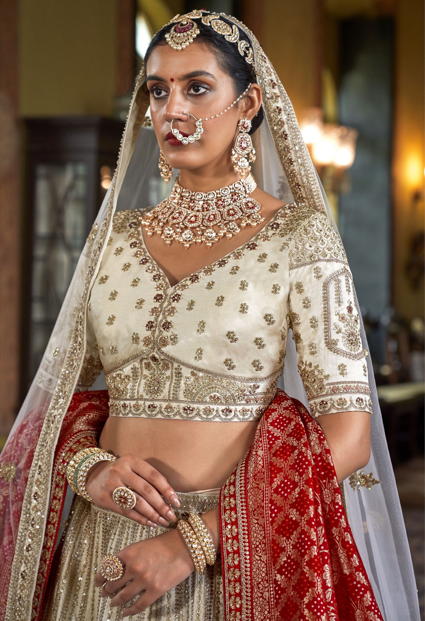 White Banarasi Silk Sequins and Pearl Embroidery Bridal Lehenga