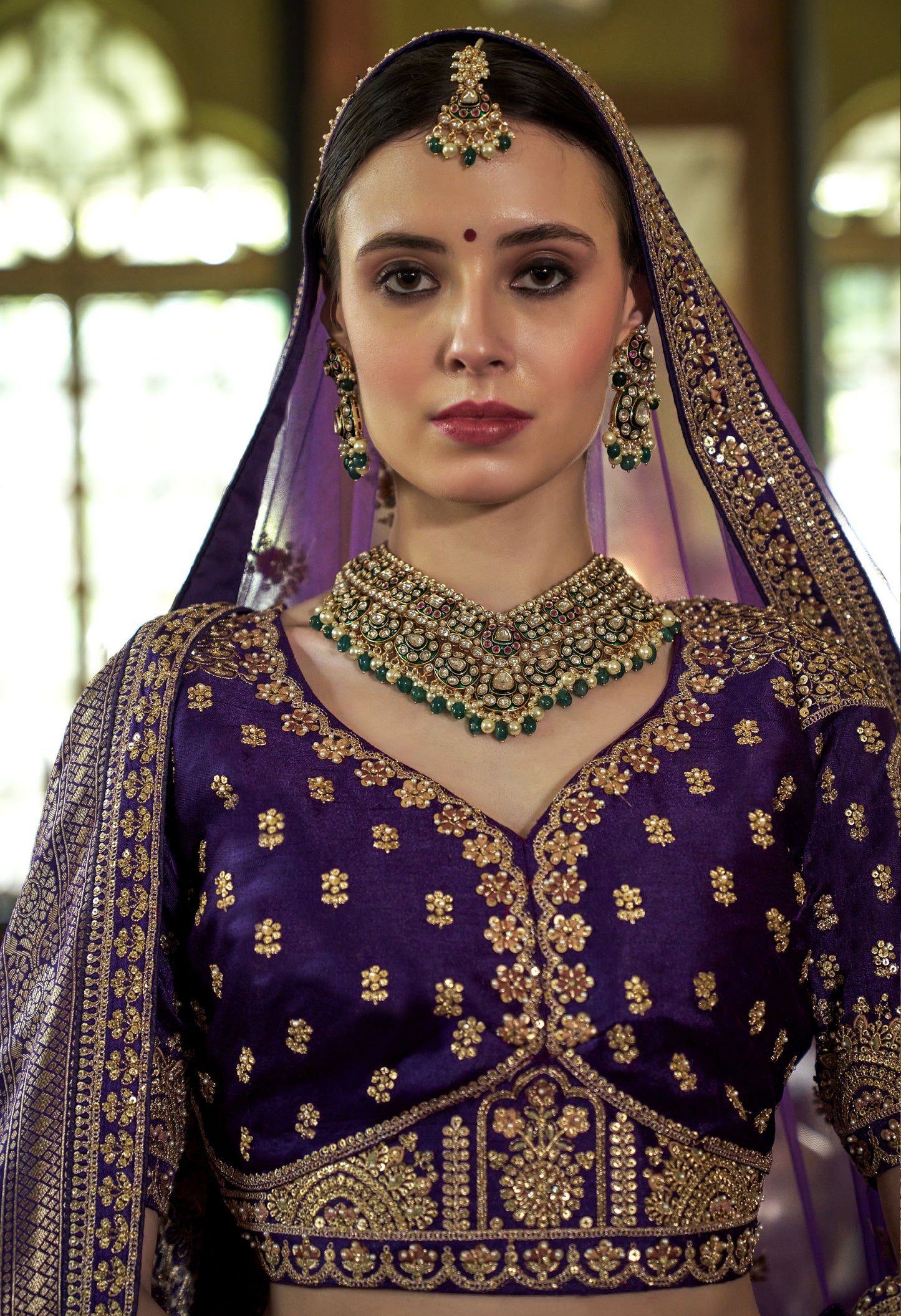 Violet Banarasi Silk Sequins and Pearl Embroidery Bridal Lehenga
