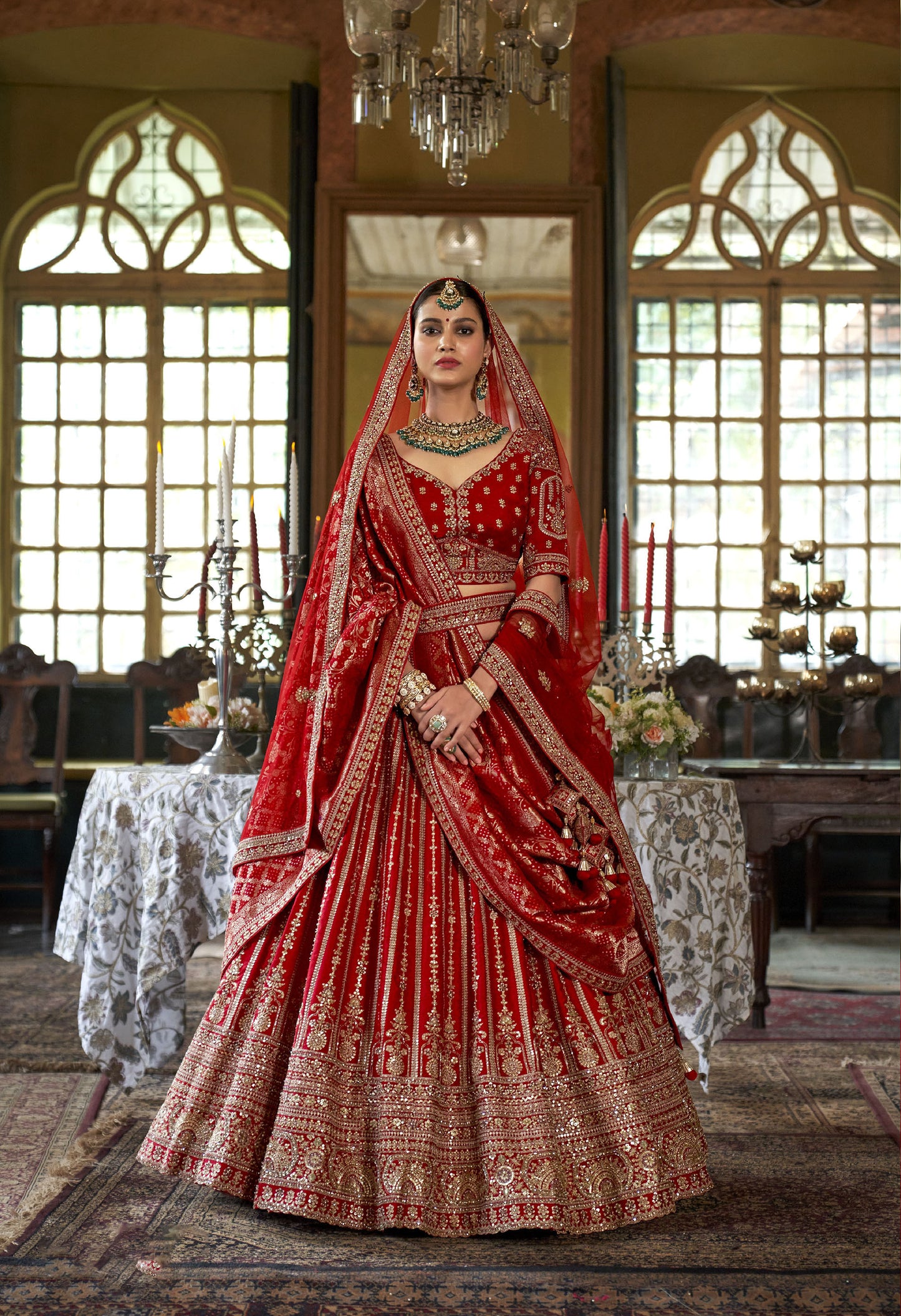 Dark Red Banarasi Silk Sequins and Pearl Embroidery Bridal Lehenga