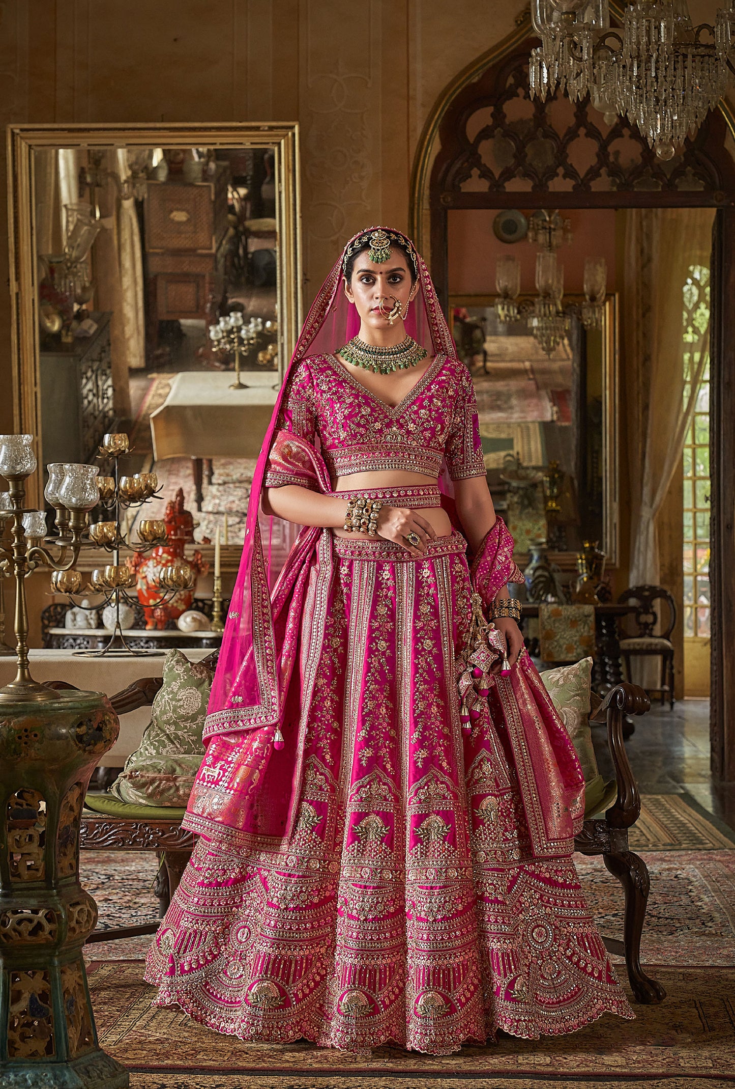 Dark Pink Banarasi Silk Sequins and Pearl Embroidery Bridal Lehenga