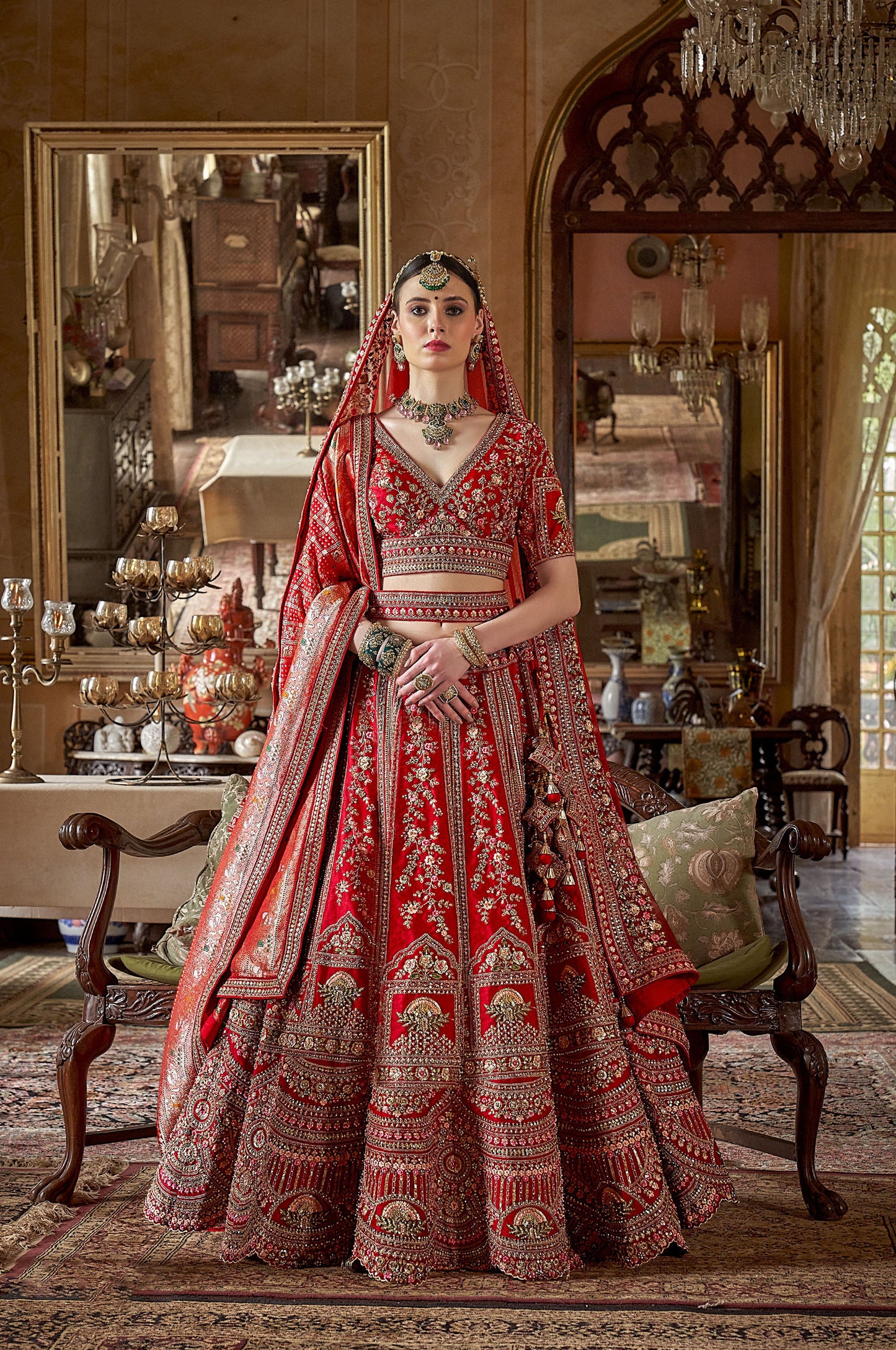 Dark Red Banarasi Silk Heavy Sequins and Pearl Embroidery Bridal Lehenga