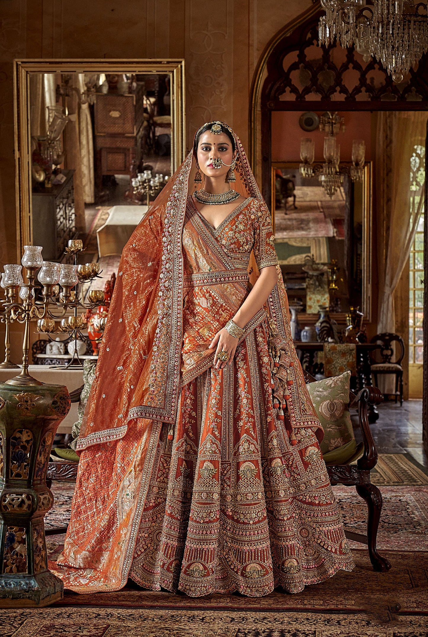 Orange Banarasi Silk Sequins and Pearl Embroidery Bridal Lehenga