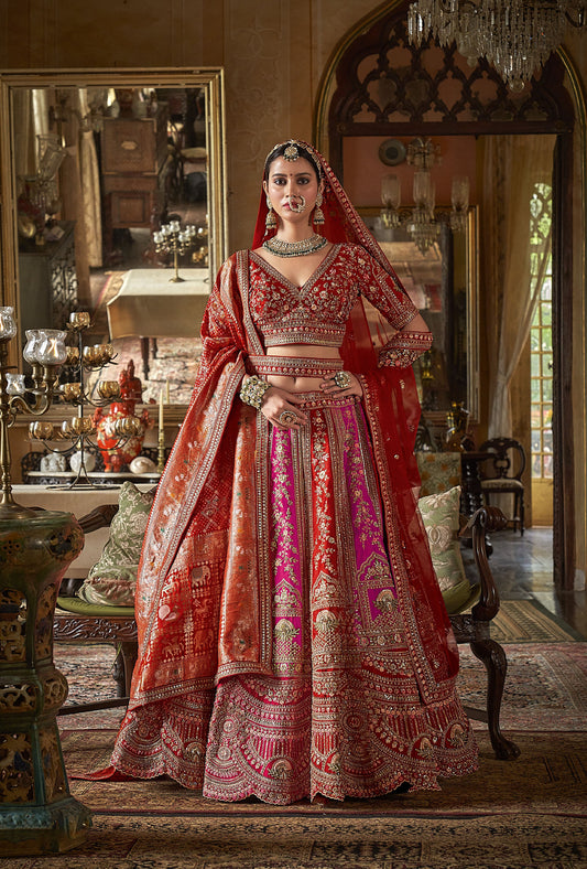 Red & Pink Banarasi Silk Sequins and Pearl Embroidery Bridal Lehenga
