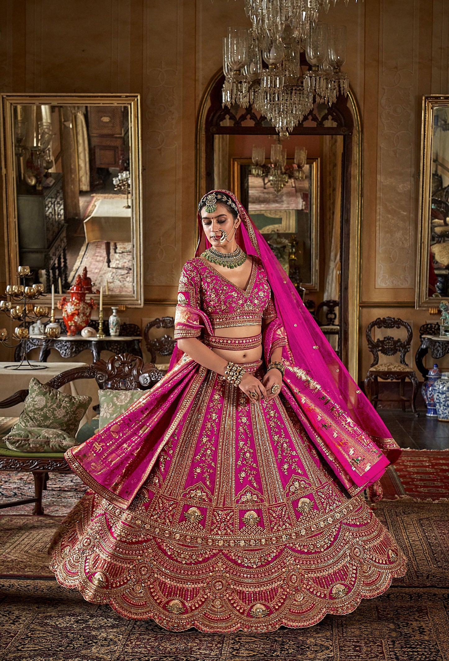 Dark Pink Banarasi Silk Sequins and Pearl Embroidery Bridal Lehenga