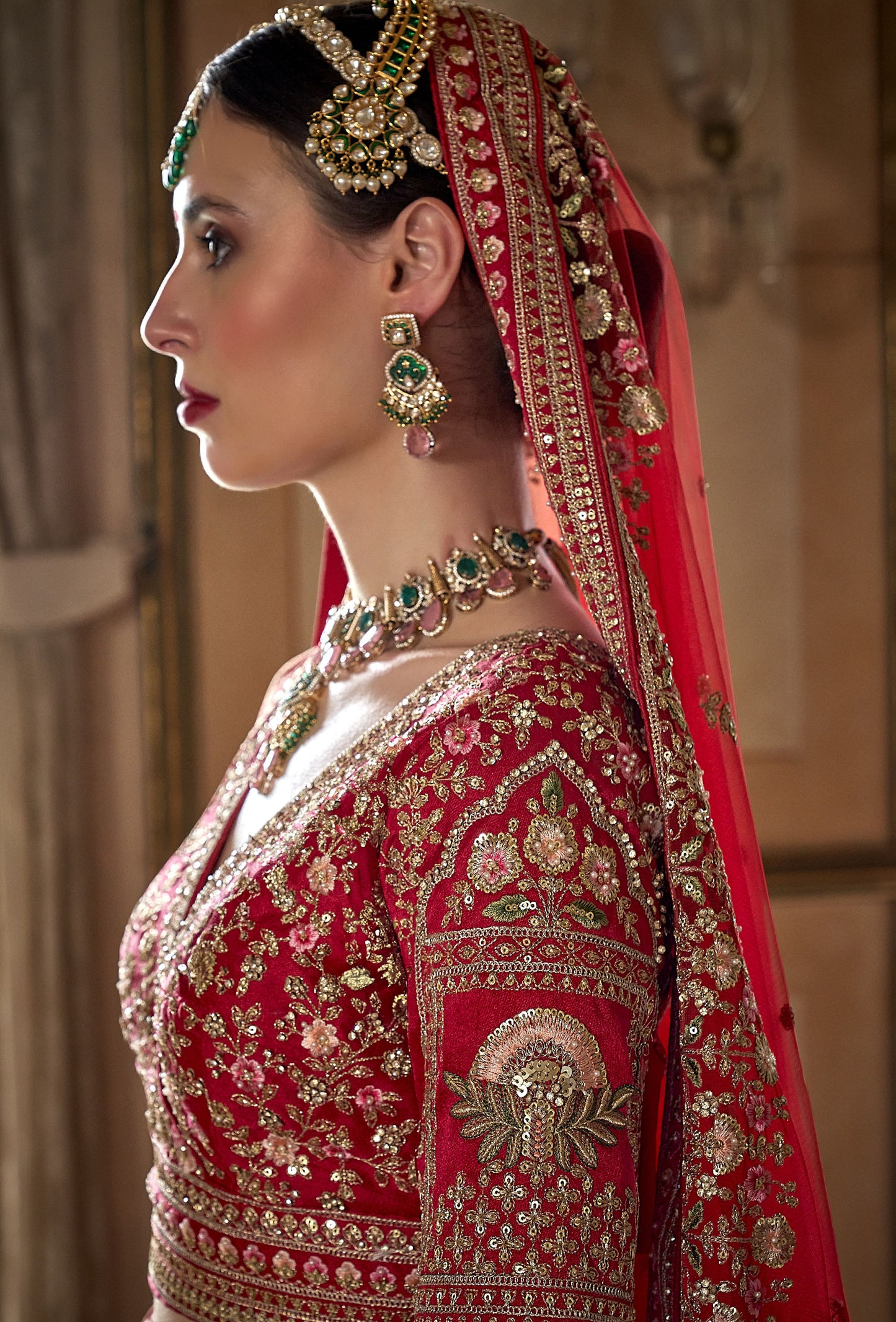 Dark Red Banarasi Silk Heavy Sequins and Pearl Embroidery Bridal Lehenga