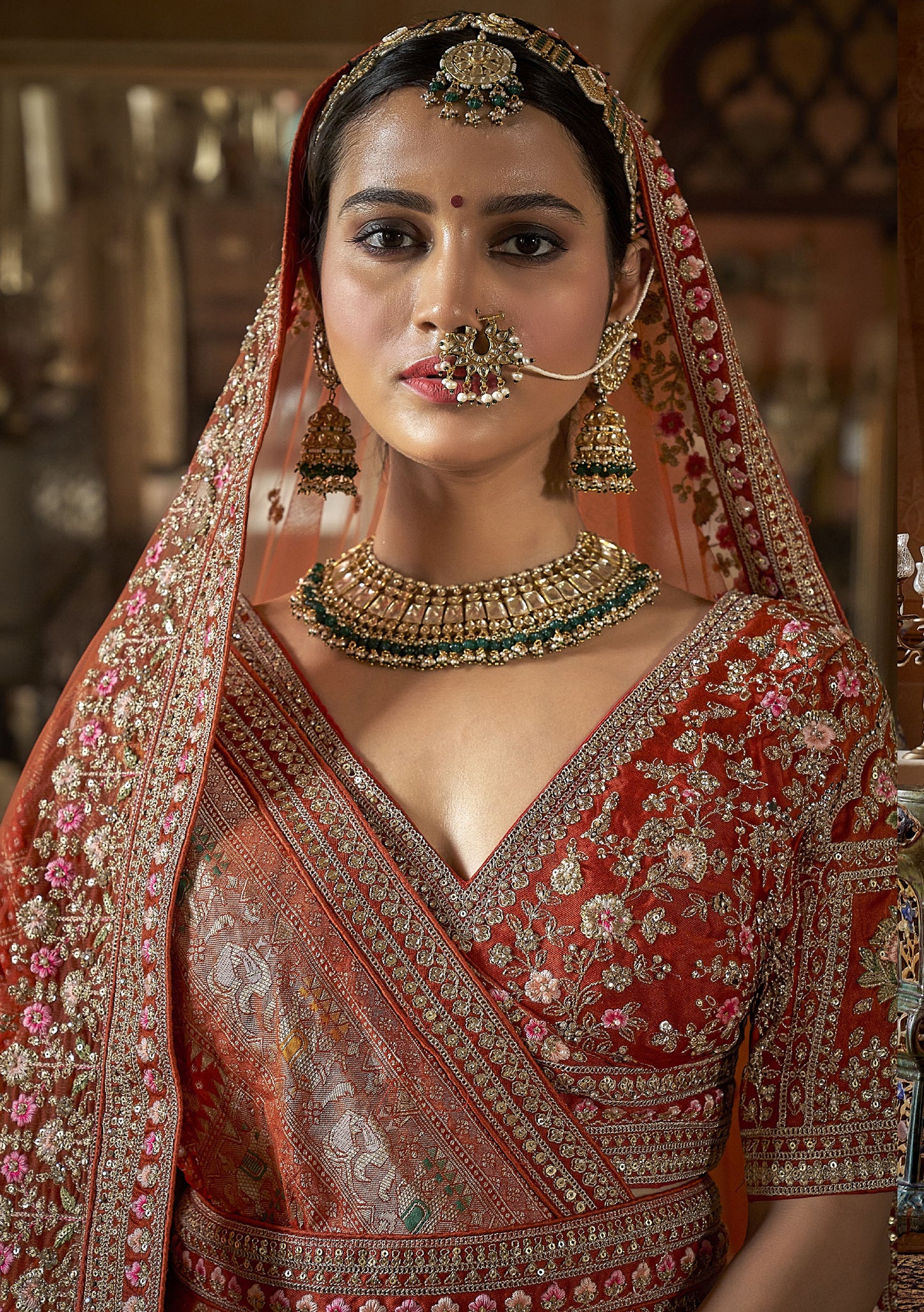 Orange Banarasi Silk Sequins and Pearl Embroidery Bridal Lehenga