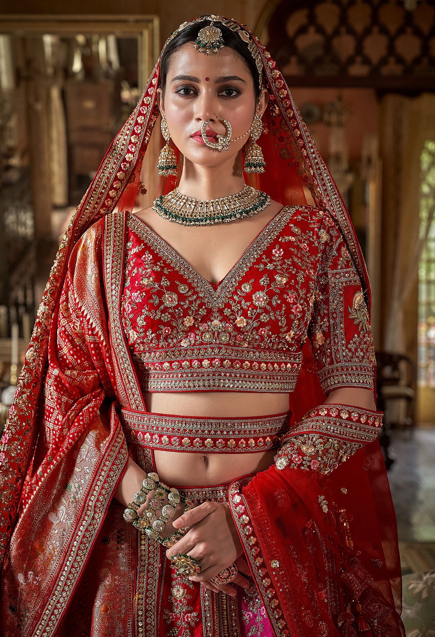 Red & Pink Banarasi Silk Sequins and Pearl Embroidery Bridal Lehenga