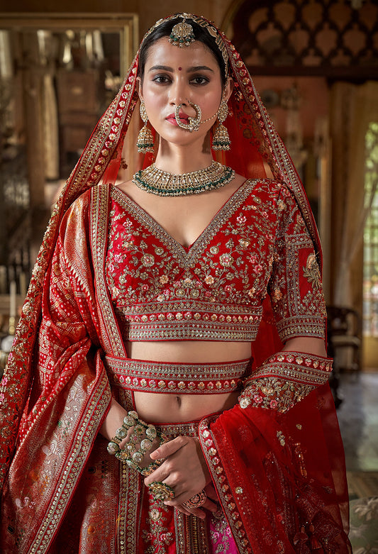 Red & Pink Banarasi Silk Sequins and Pearl Embroidery Bridal Lehenga