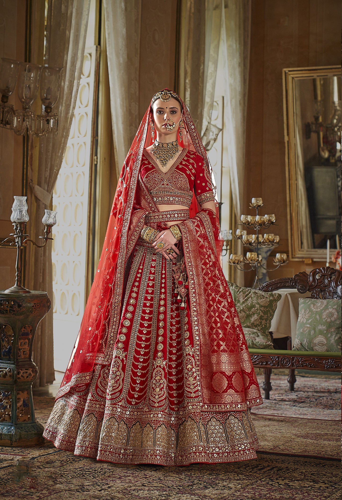 Red Heavy Sequins and Pearl Embroidery  Banarasi Silk  Bridal Lehenga