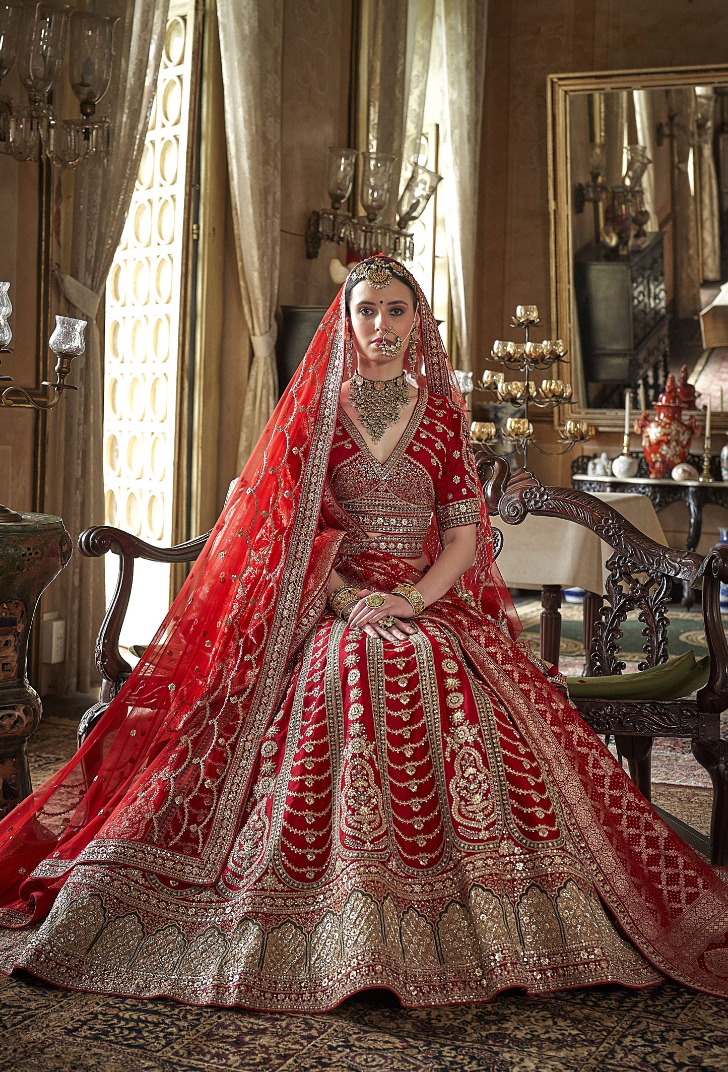 Red Heavy Sequins and Pearl Embroidery  Banarasi Silk  Bridal Lehenga