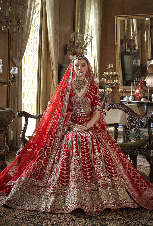 Red Heavy Sequins and Pearl Embroidery  Banarasi Silk  Bridal Lehenga