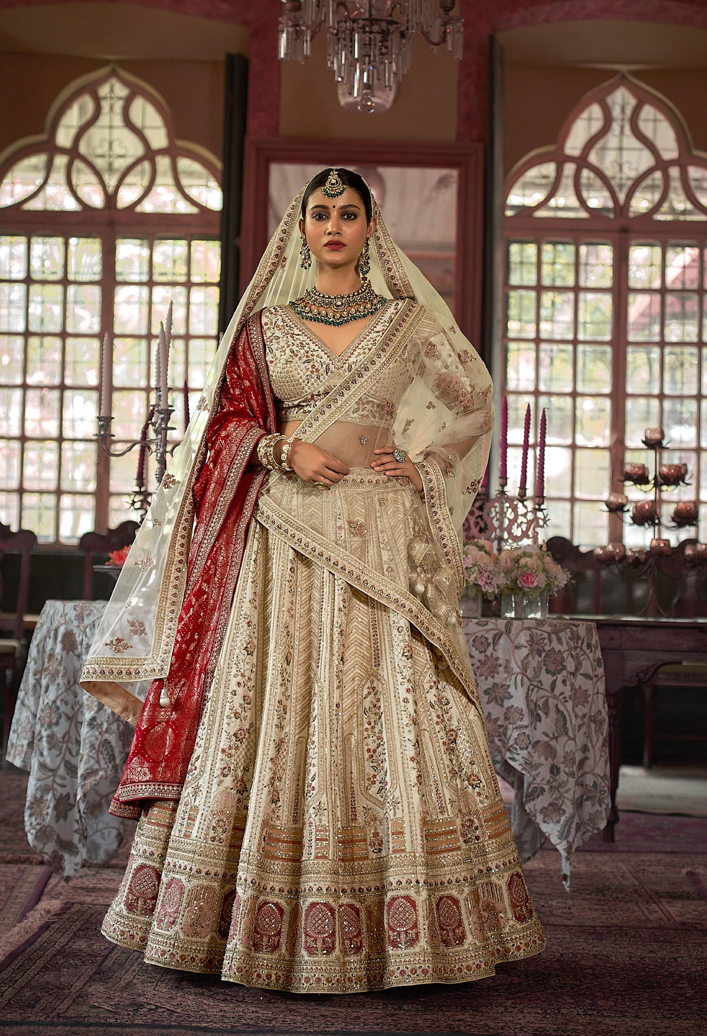 Off White Banarasi Silk Zari, Sequins and Pearl Embroidery Wedding Lehenga