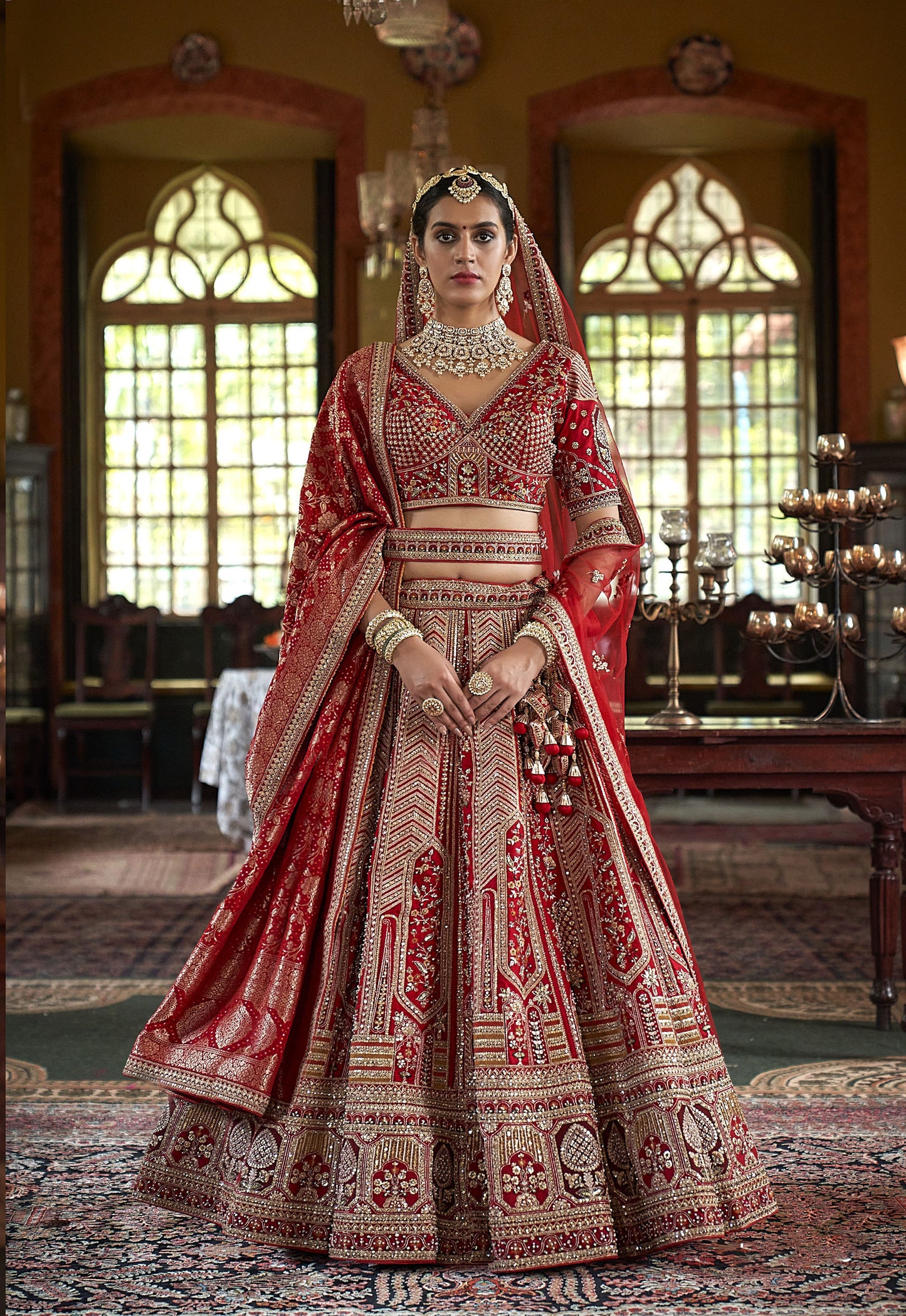 Red Banarasi Silk Zari, Sequins and Pearl Embroidery Wedding Lehenga