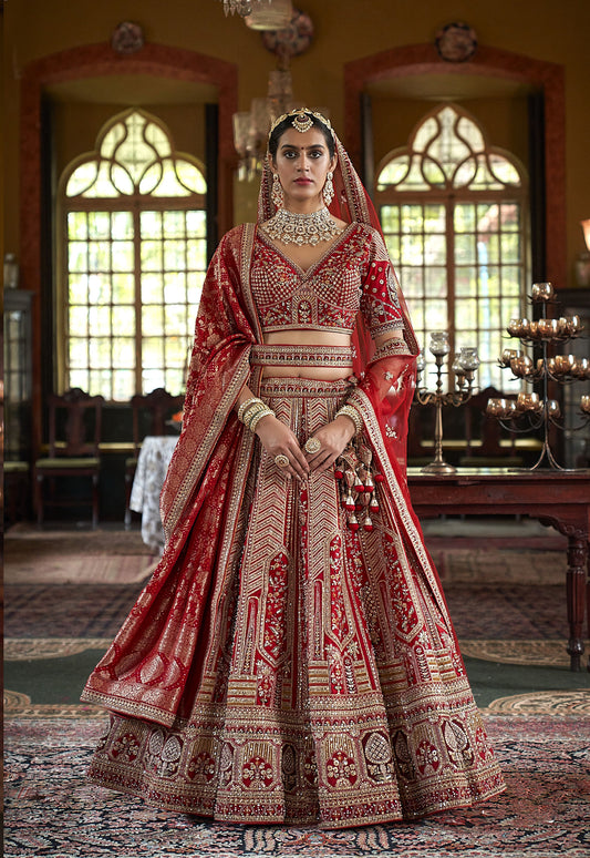 Red Banarasi Silk Zari, Sequins and Pearl Embroidery Wedding Lehenga