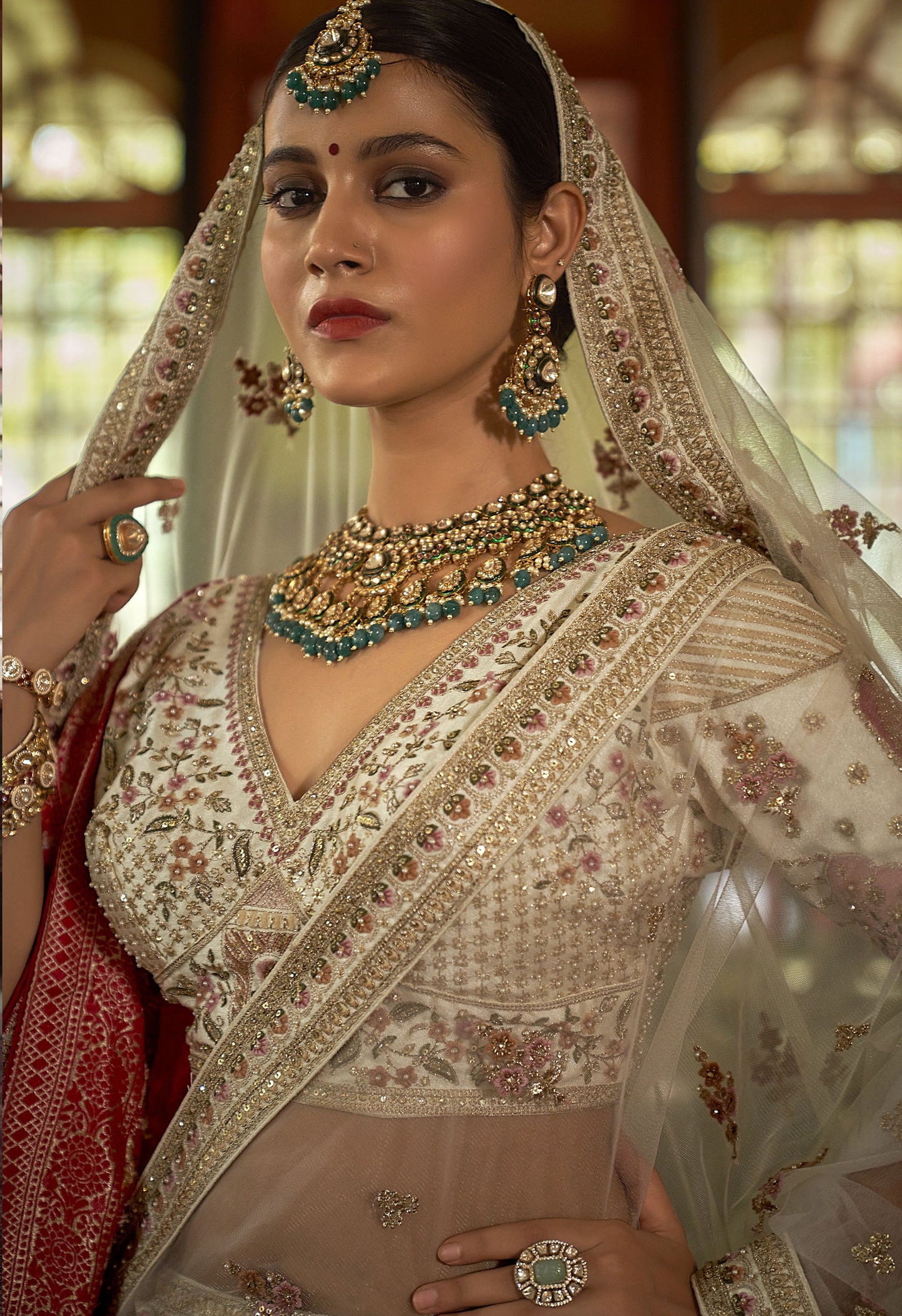 Off White Banarasi Silk Zari, Sequins and Pearl Embroidery Wedding Lehenga