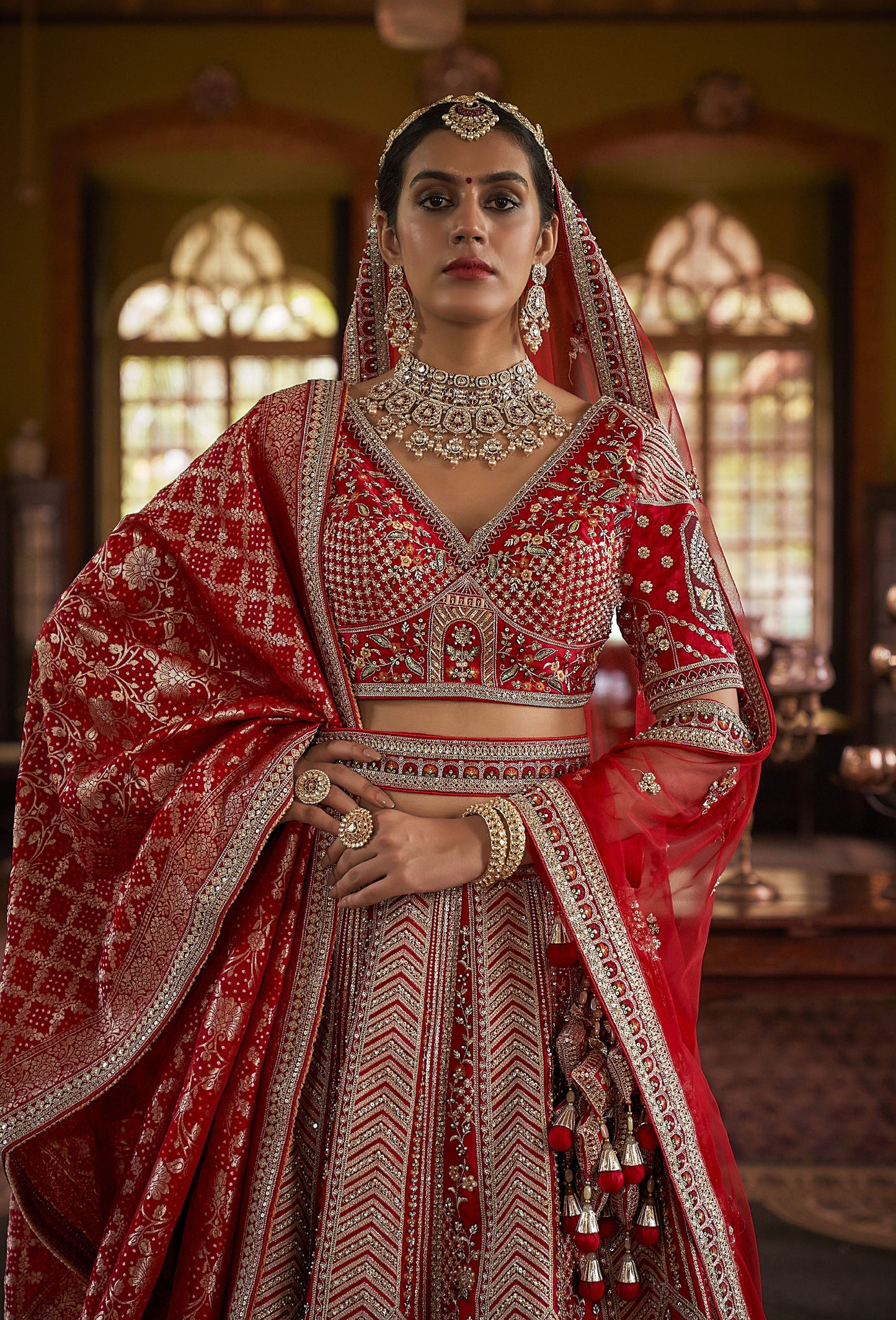Red Banarasi Silk Zari, Sequins and Pearl Embroidery Wedding Lehenga