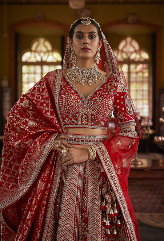 Red Banarasi Silk Zari, Sequins and Pearl Embroidery Wedding Lehenga