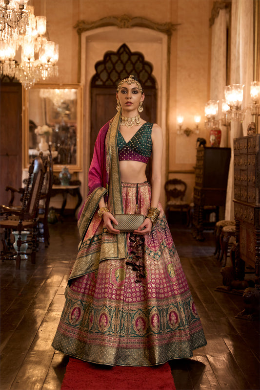 Green and Pink Silk Aari Mirror Work Bridal Lehenga
