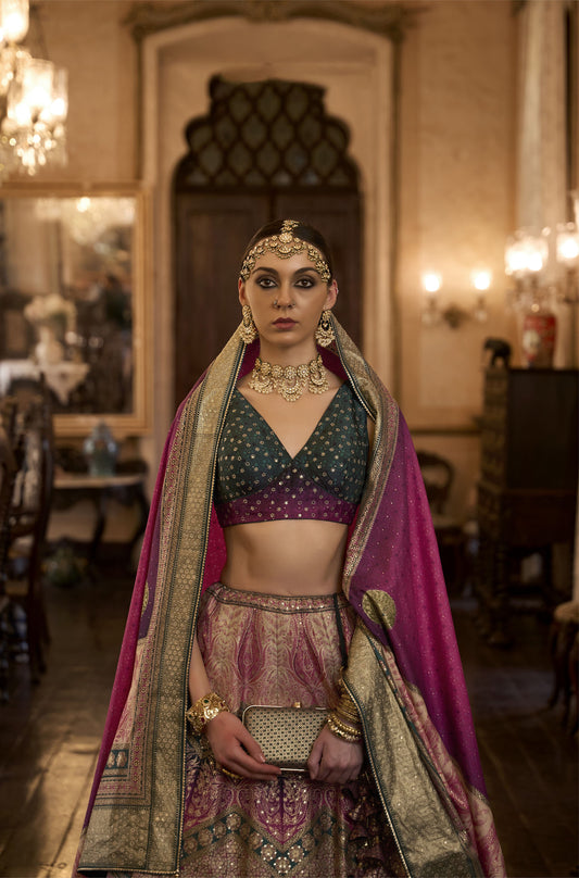 Green and Pink Silk Aari Mirror Work Bridal Lehenga