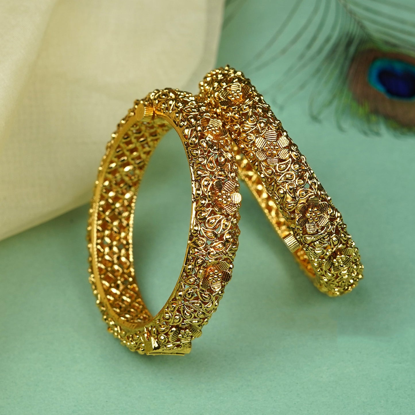 Zevar Club Set of 2 22K Gold-Plated Floral Textured Bangles with Light Golden Stone Studded Design for Women