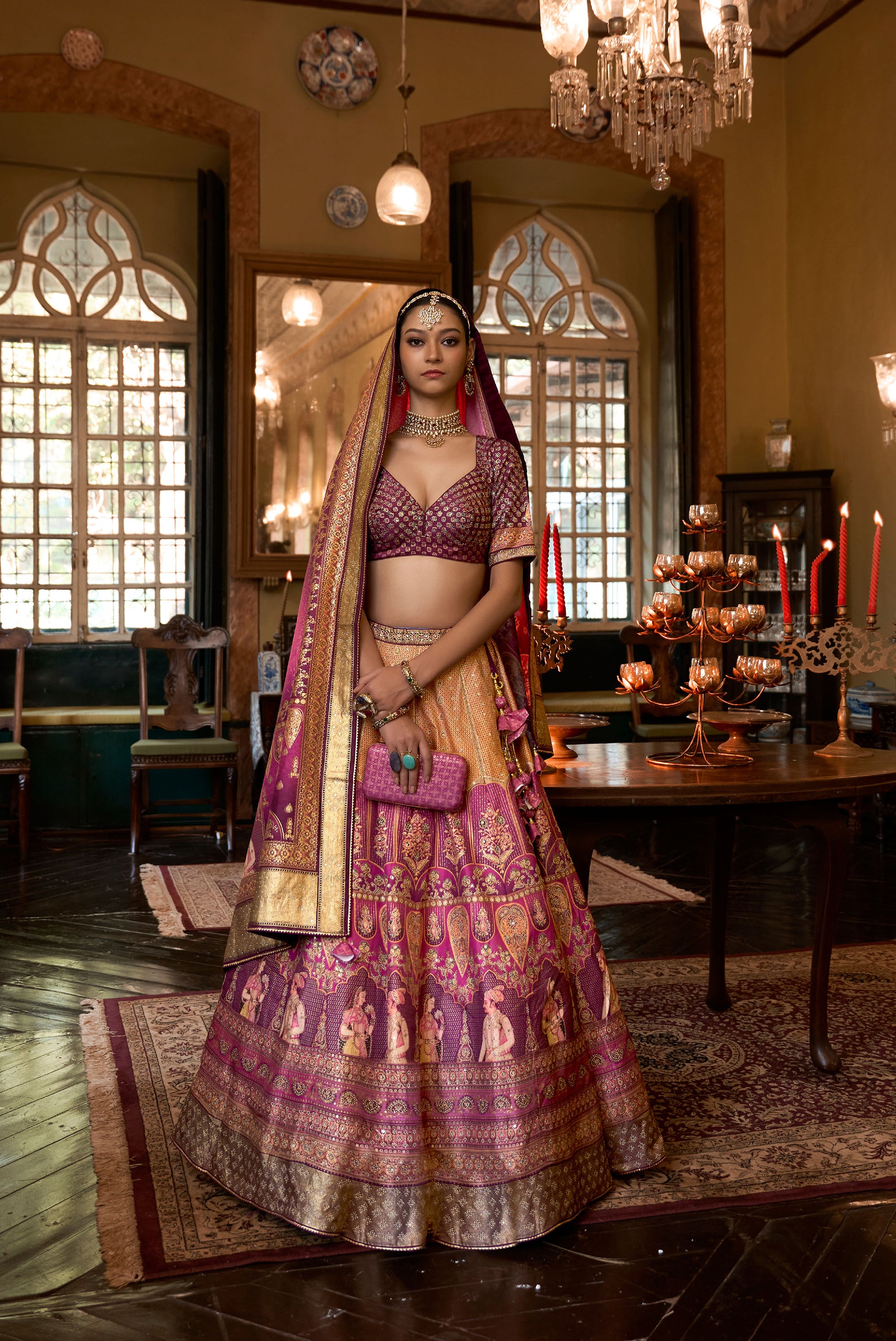 Purple and Yellow Silk Stone Work Bridal Lehenga