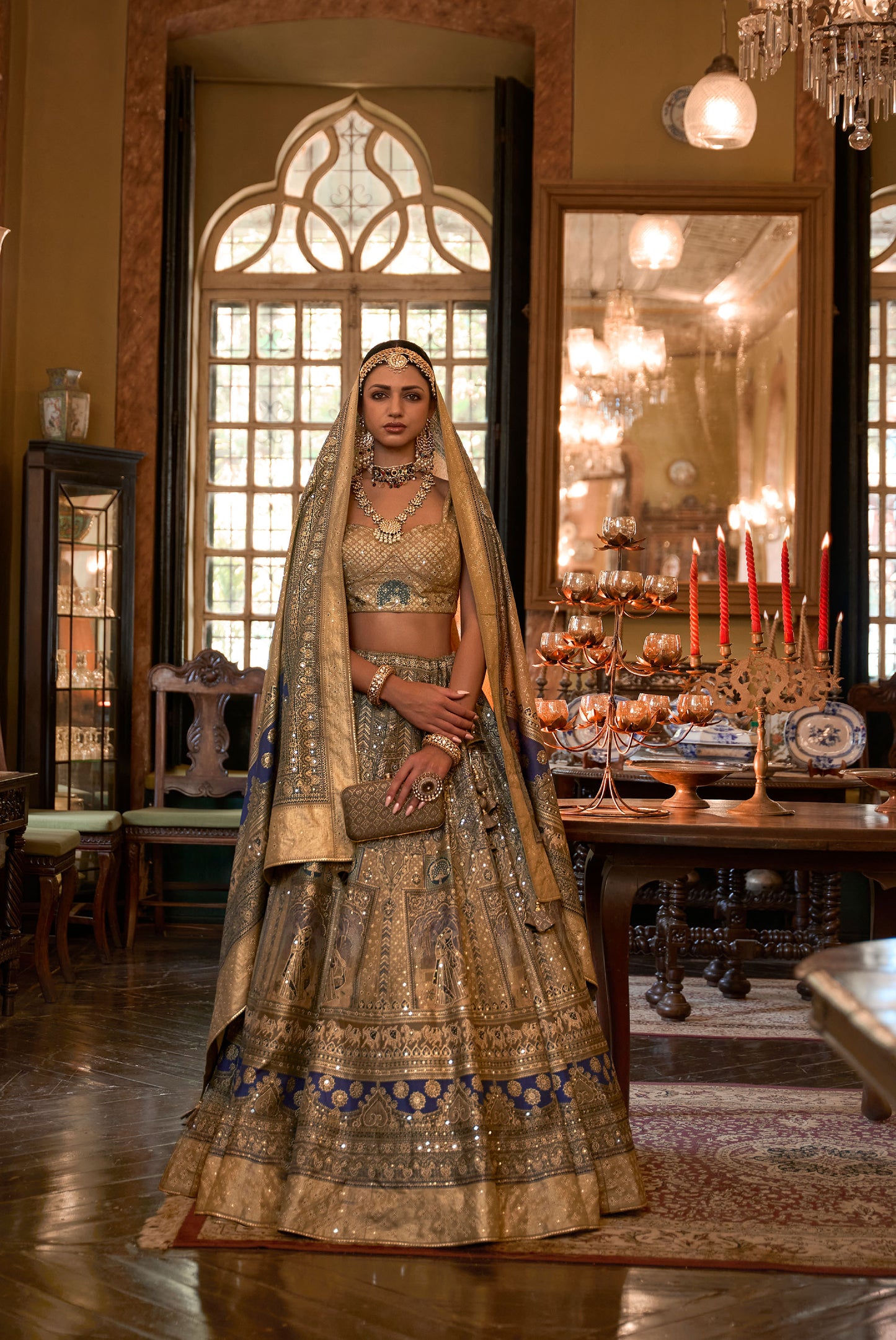 Stunning Beige and Blue Silk Stone Work Bridal Lehenga