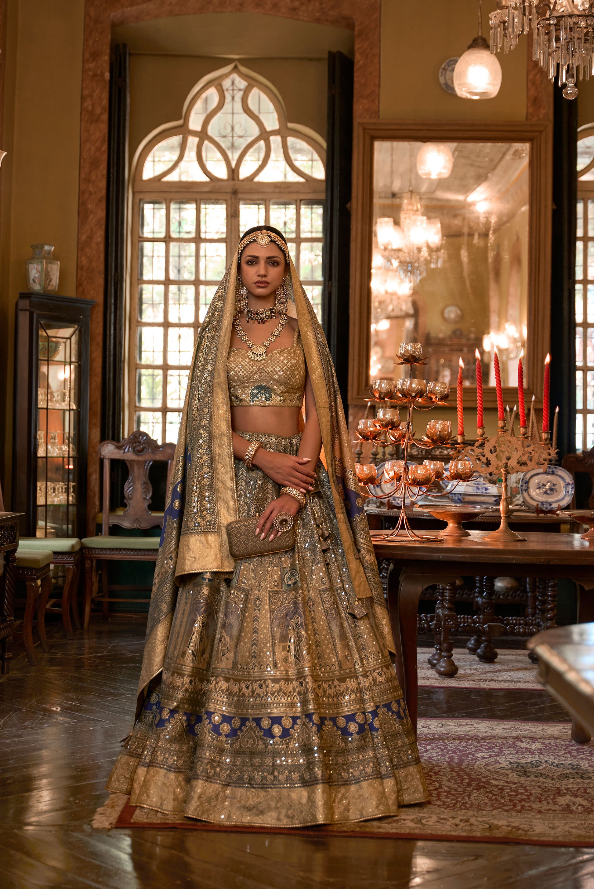 Stunning Beige and Blue Silk Stone Work Bridal Lehenga
