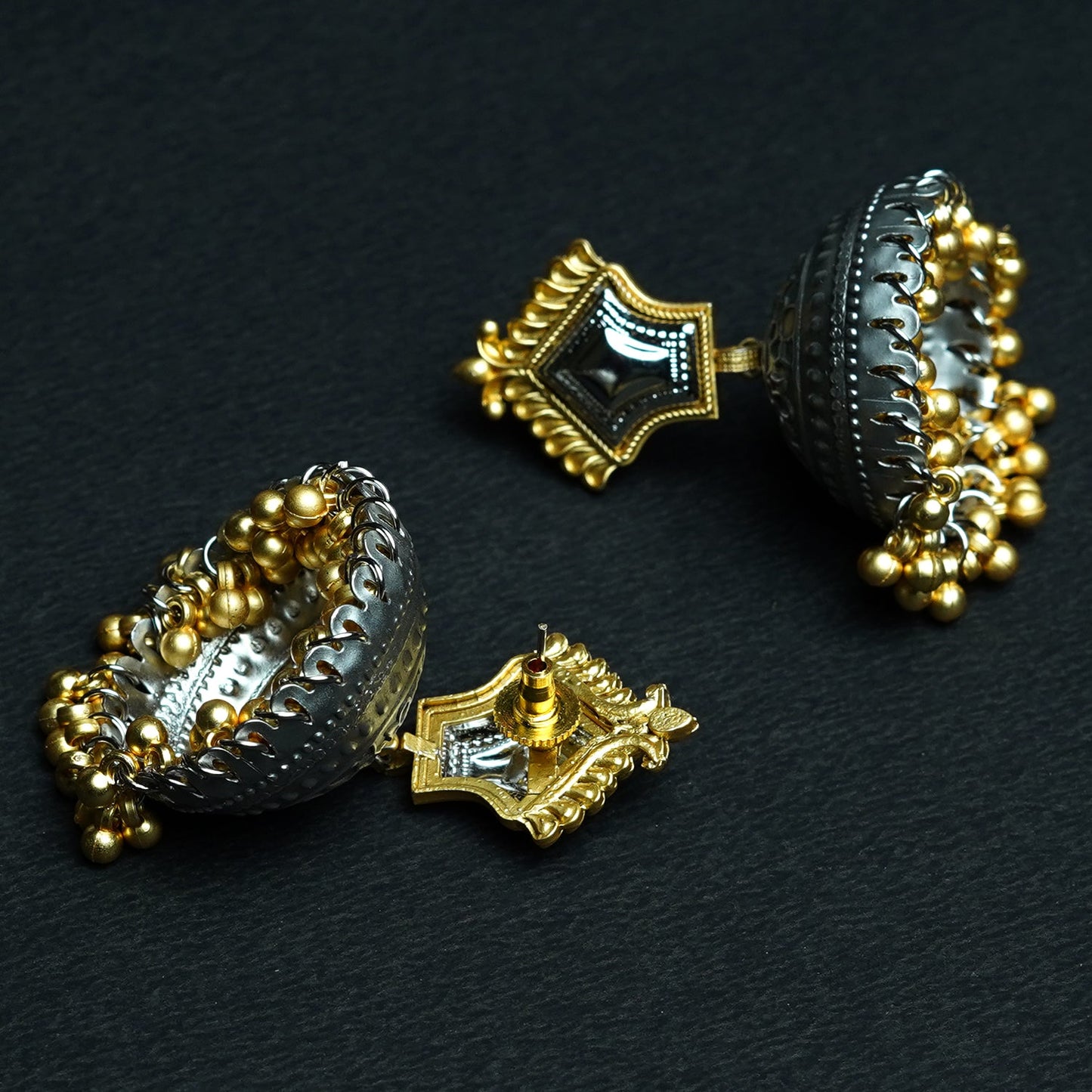 Zevar Club Oxidised Silver-Gold Tone Jhumka Earrings with Golden Beads Statement Design