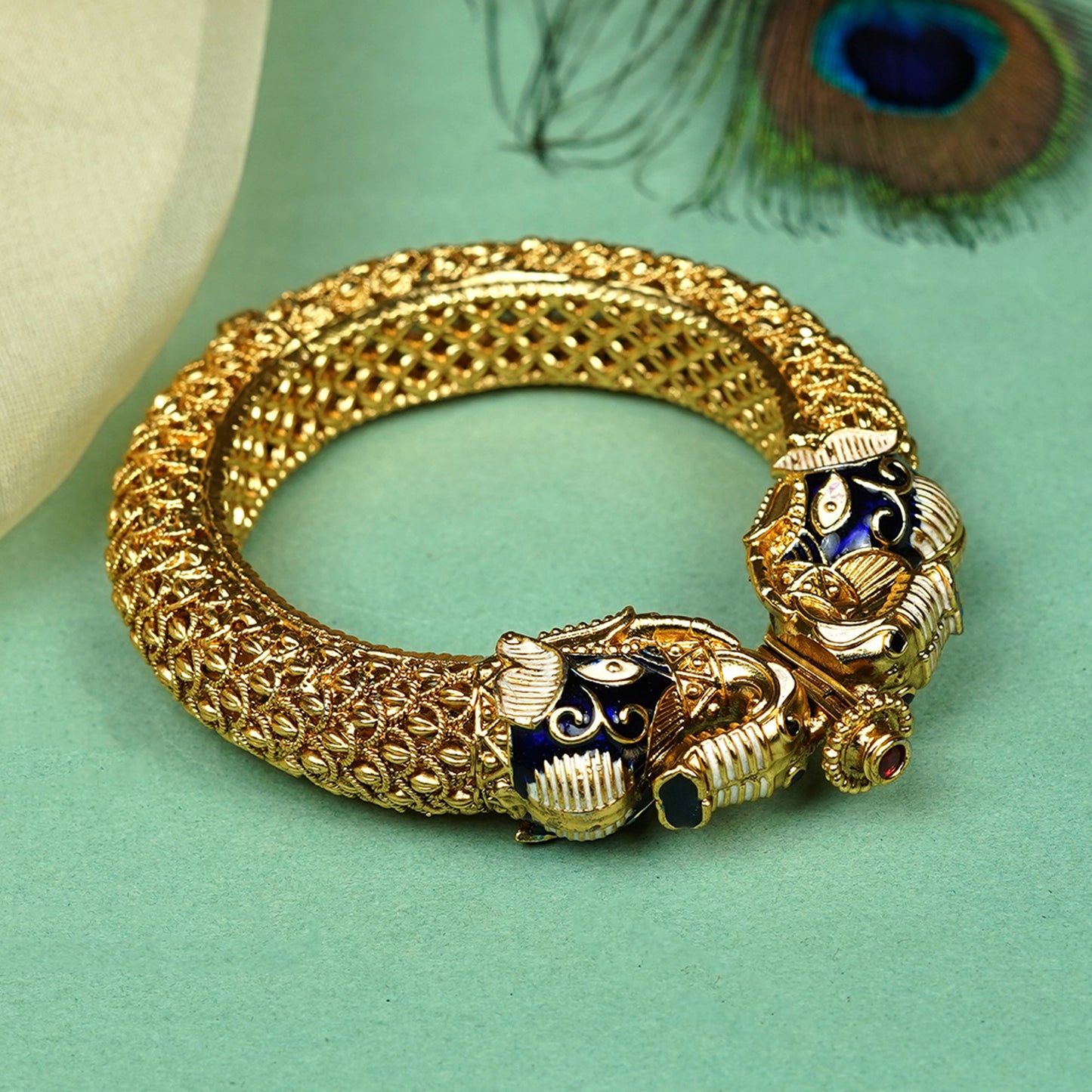 Zevar Club Set of 2 22K Gold-Plated Handcrafted Panther-Head Bangles with Blue Enamel & Black Stone Accents for Women