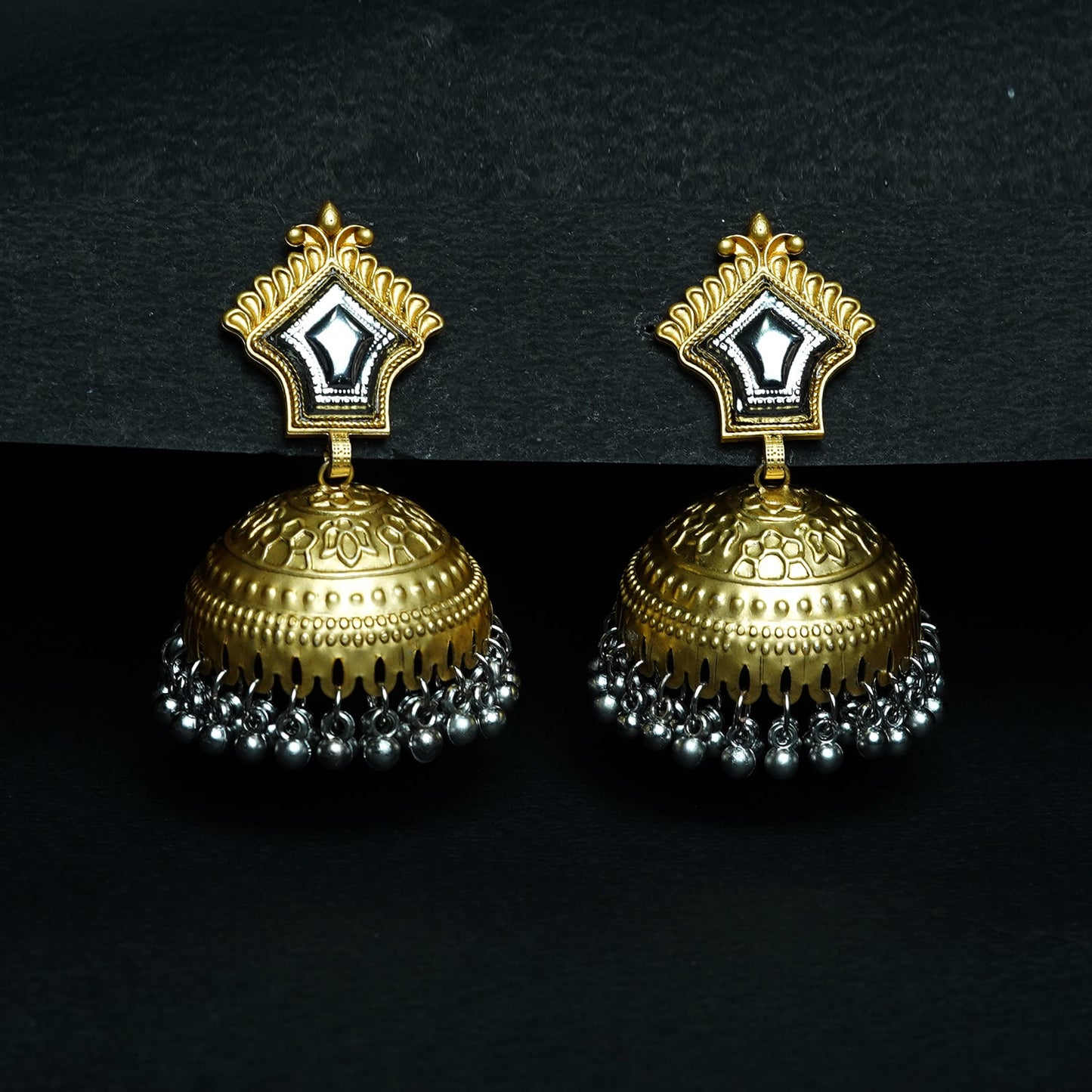 Zevar Club Oxidised Silver-Gold Tone Jhumka Earrings with Silver Beads Statement Design