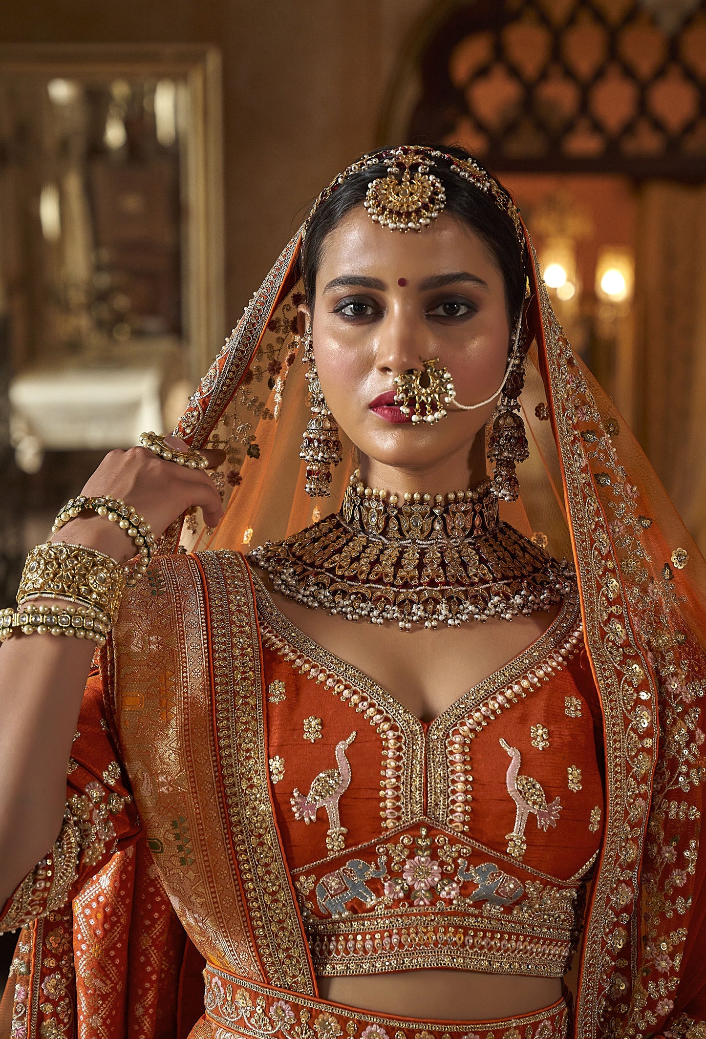 Orange Banarasi Silk Zari, Sequins and Pearl Embroidery Wedding Lehenga