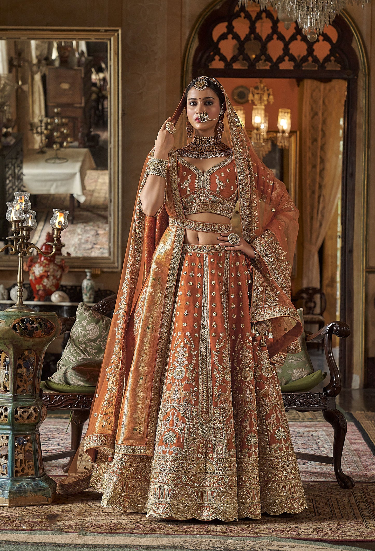 Orange Banarasi Silk Zari, Sequins and Pearl Embroidery Wedding Lehenga