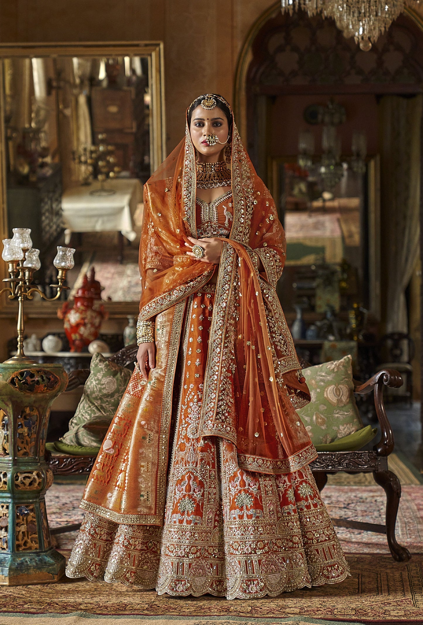 Orange Banarasi Silk Zari, Sequins and Pearl Embroidery Wedding Lehenga