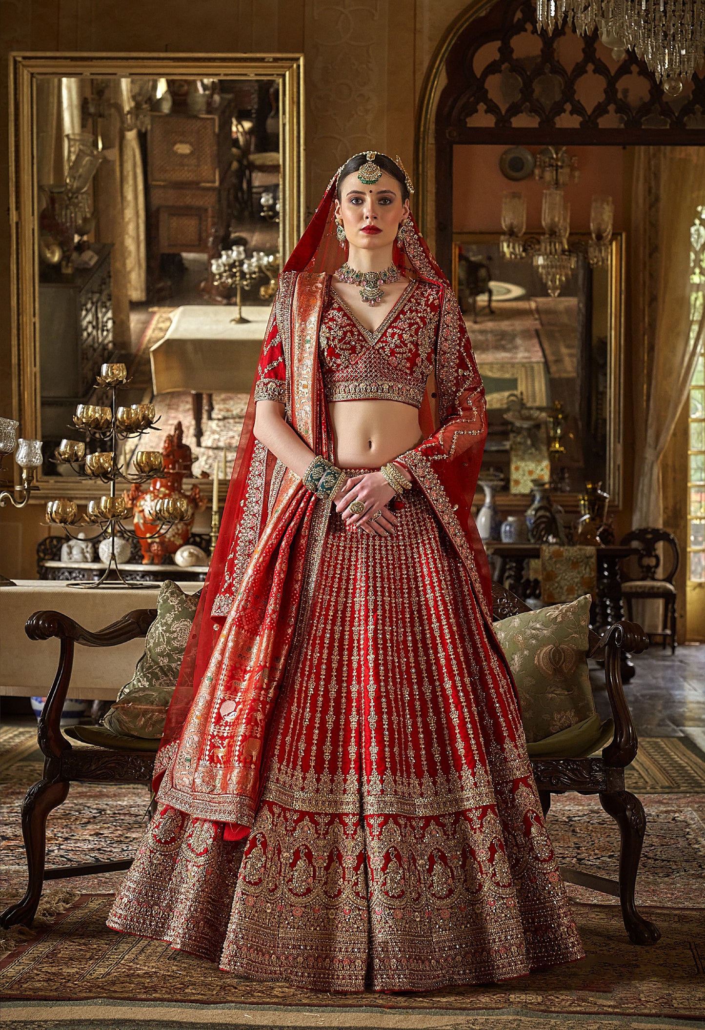 Red Banarasi Silk Zari, Sequins and Floral Embroidery Wedding Lehenga