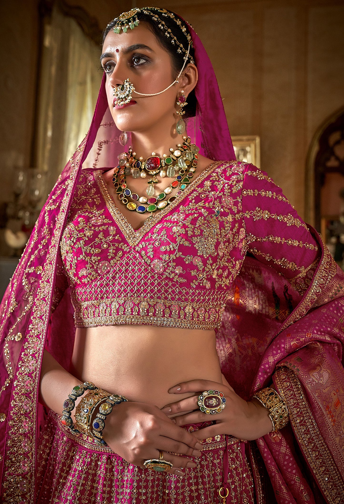 Pink Colour Banarasi Silk Sequins and Pearl Embroidery Wedding Lehenga