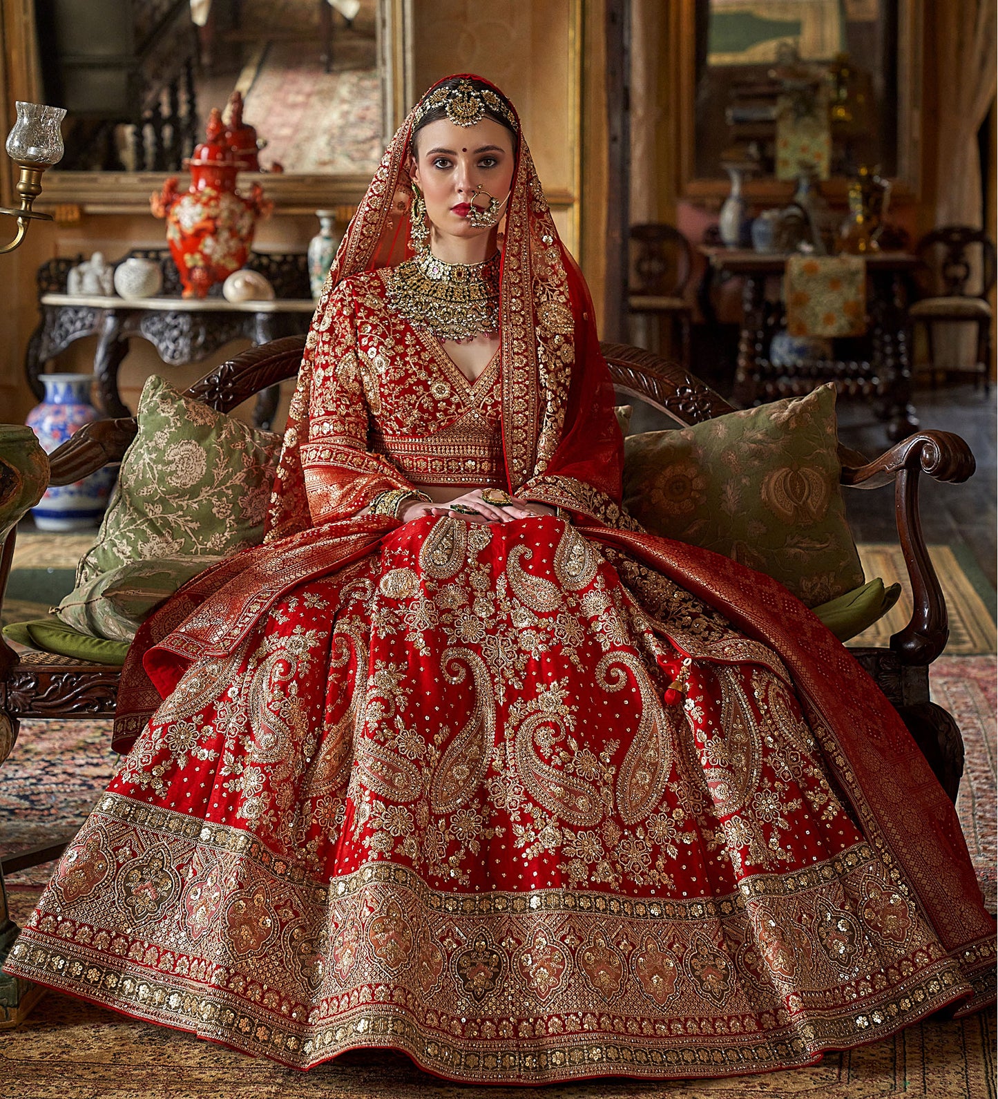 Red Banarasi Silk Zari, Sequins and Floral Embroidery Wedding Lehenga