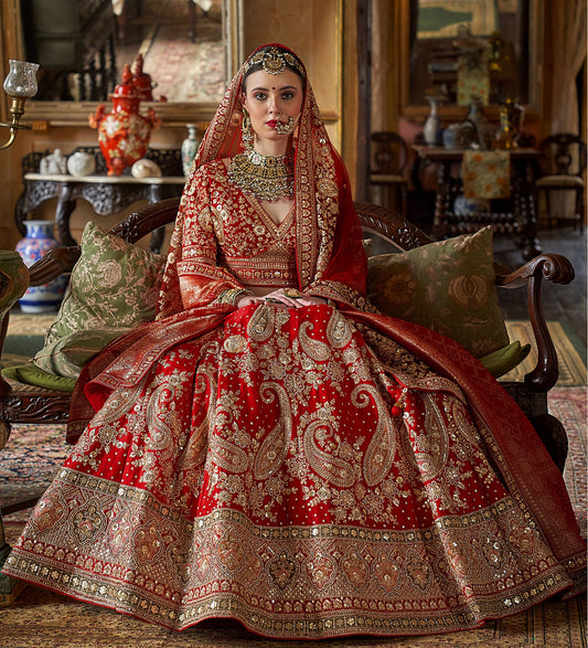Red Banarasi Silk Zari, Sequins and Floral Embroidery Wedding Lehenga