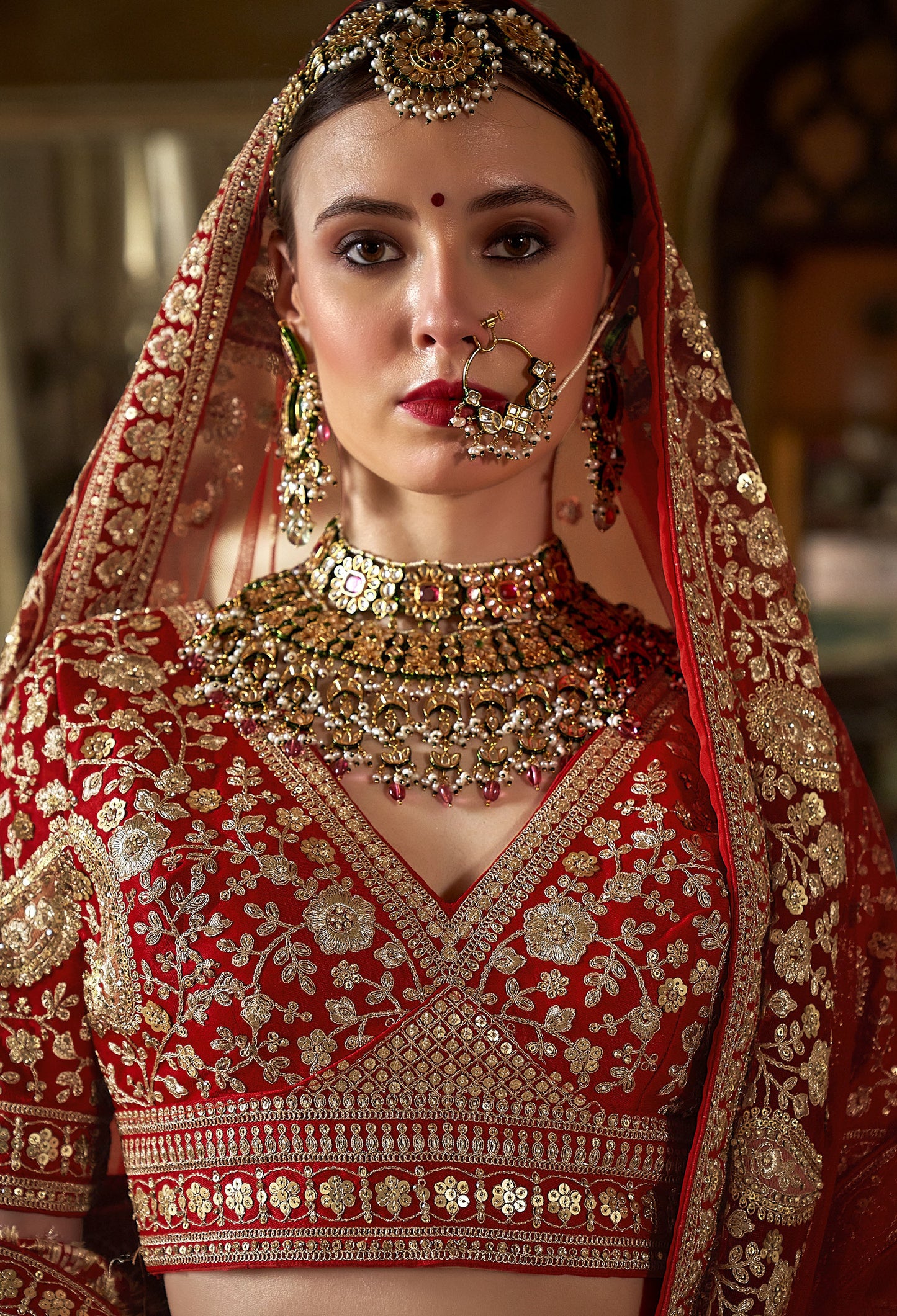 Red Banarasi Silk Heavy Sequins and Zari Embroidery Wedding Lehenga