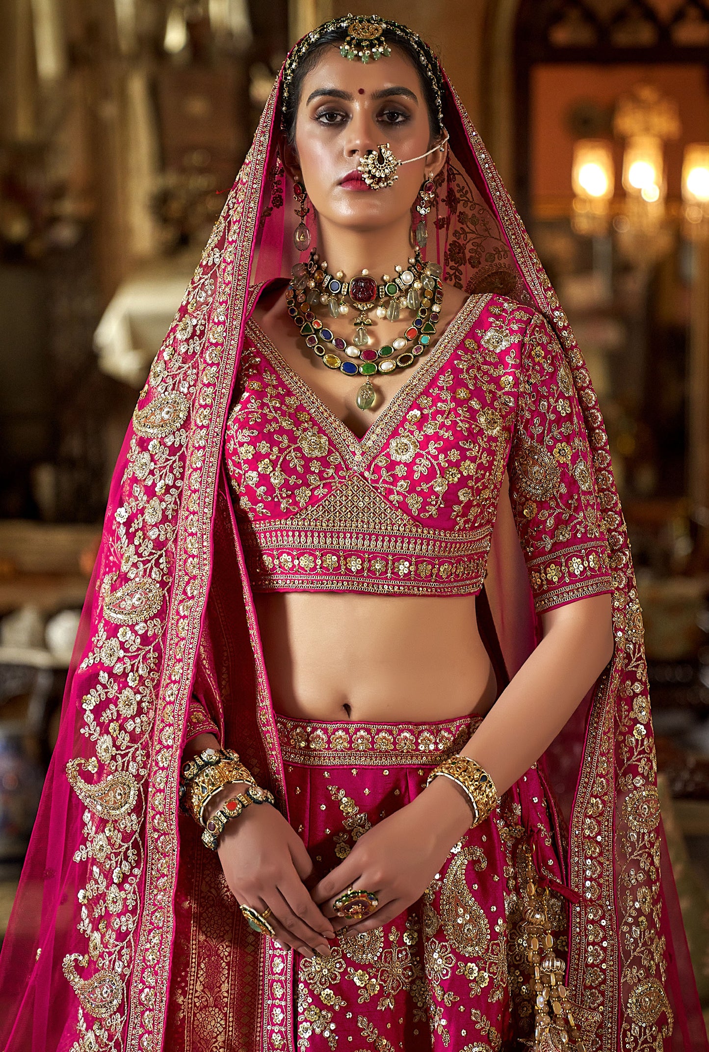 Pink Banarasi Silk Heavy Sequins and Zari Embroidery Wedding Lehenga