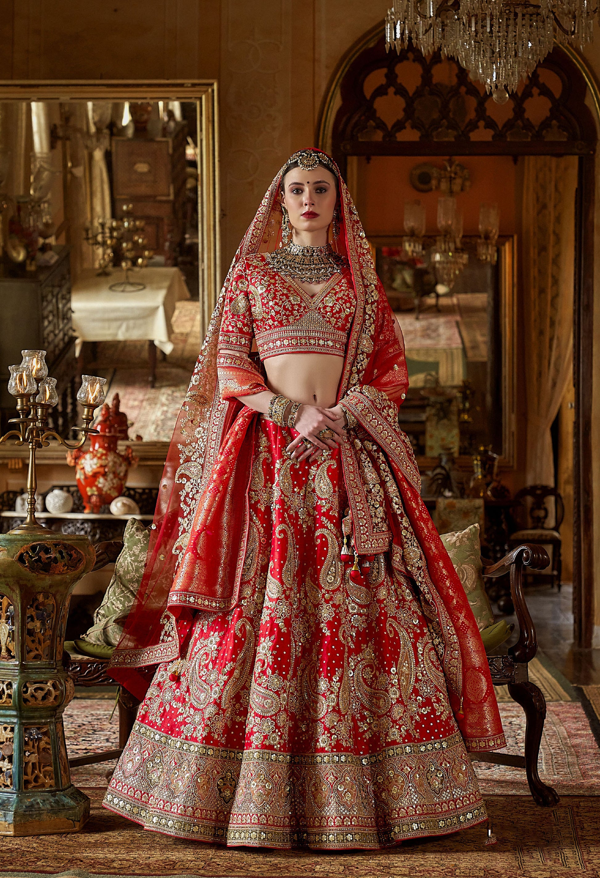 Red Banarasi Silk Heavy Sequins and Zari Embroidery Wedding Lehenga XS