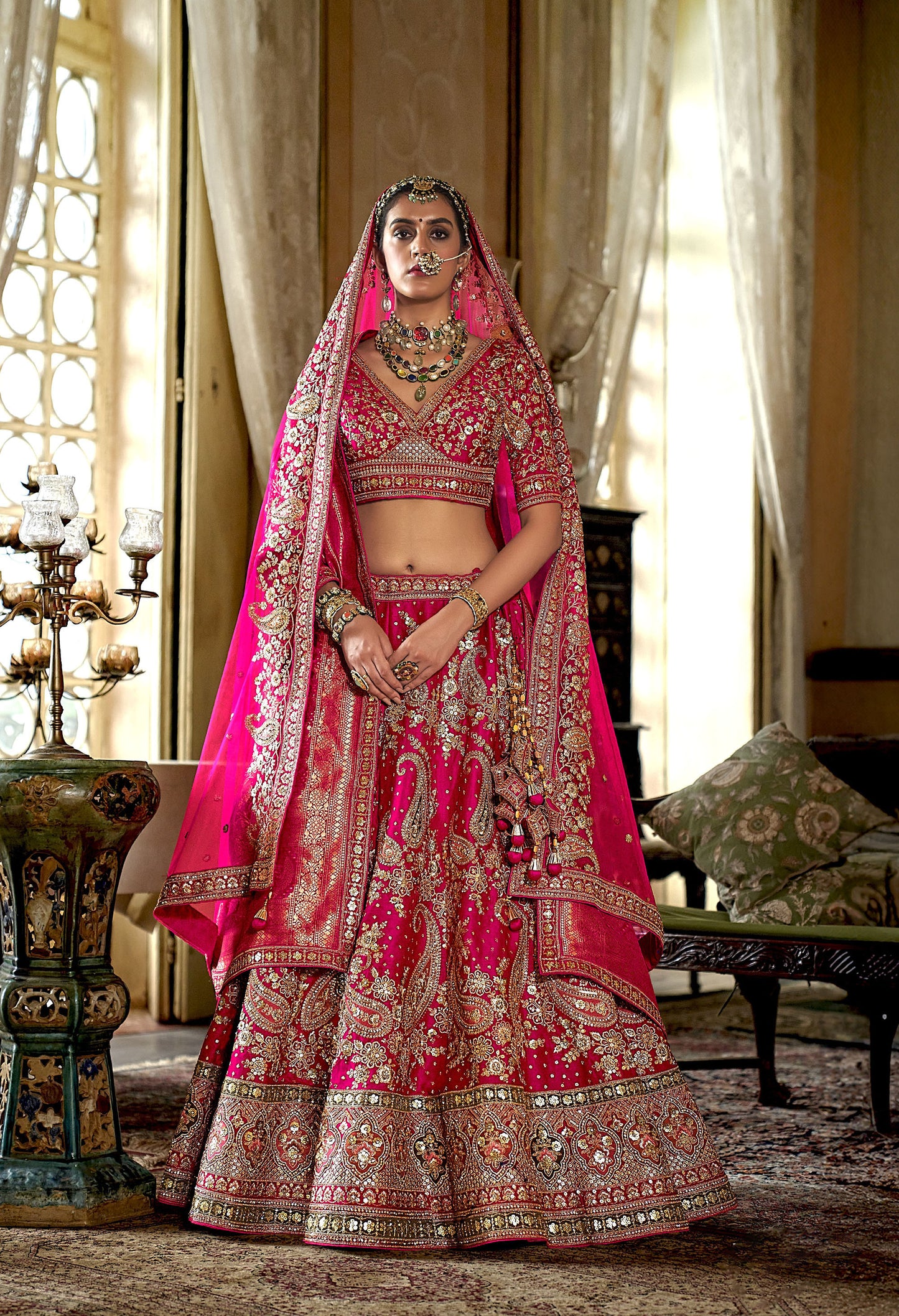 Pink Banarasi Silk Heavy Sequins and Zari Embroidery Wedding Lehenga