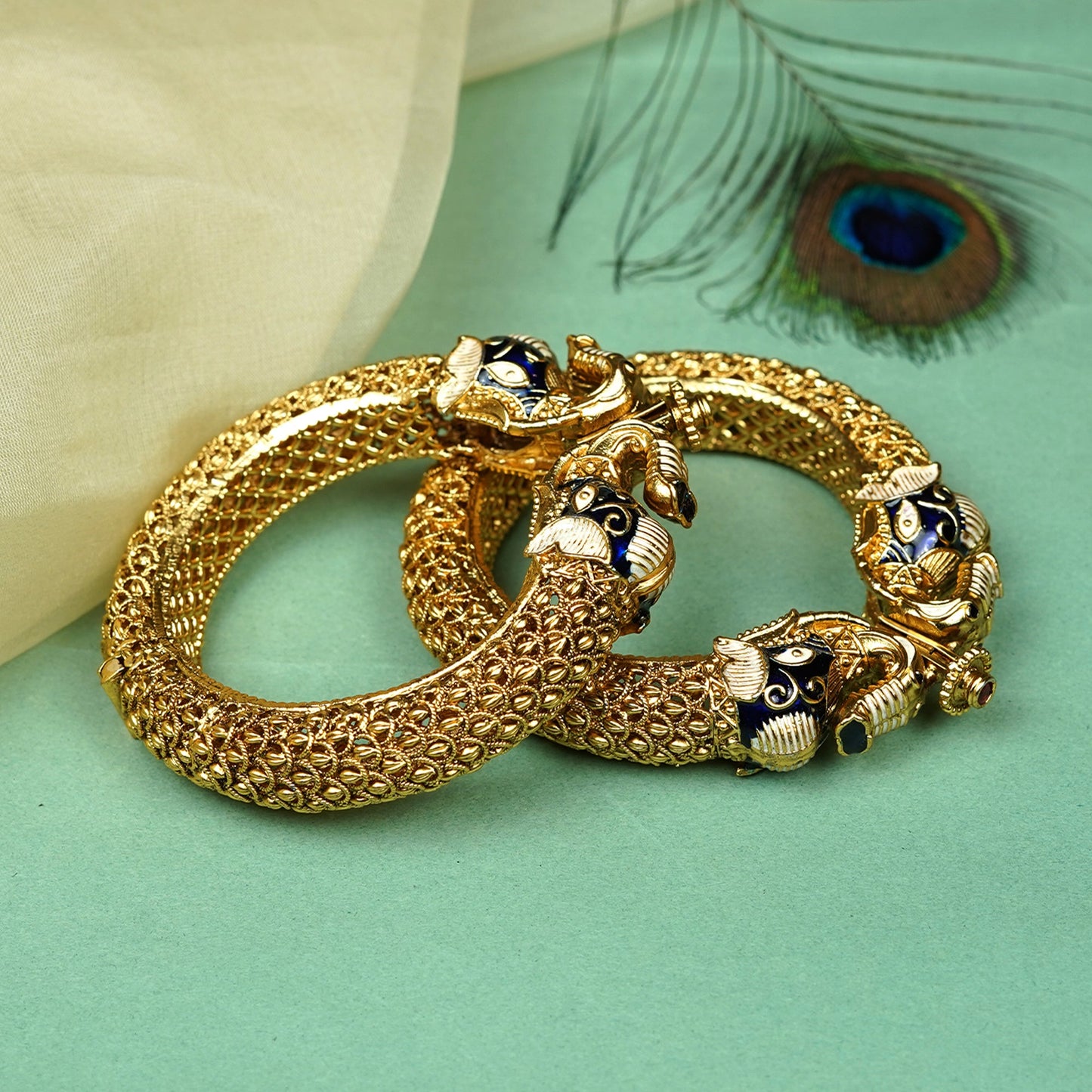 Zevar Club Set of 2 22K Gold-Plated Handcrafted Panther-Head Bangles with Blue Enamel & Black Stone Accents for Women