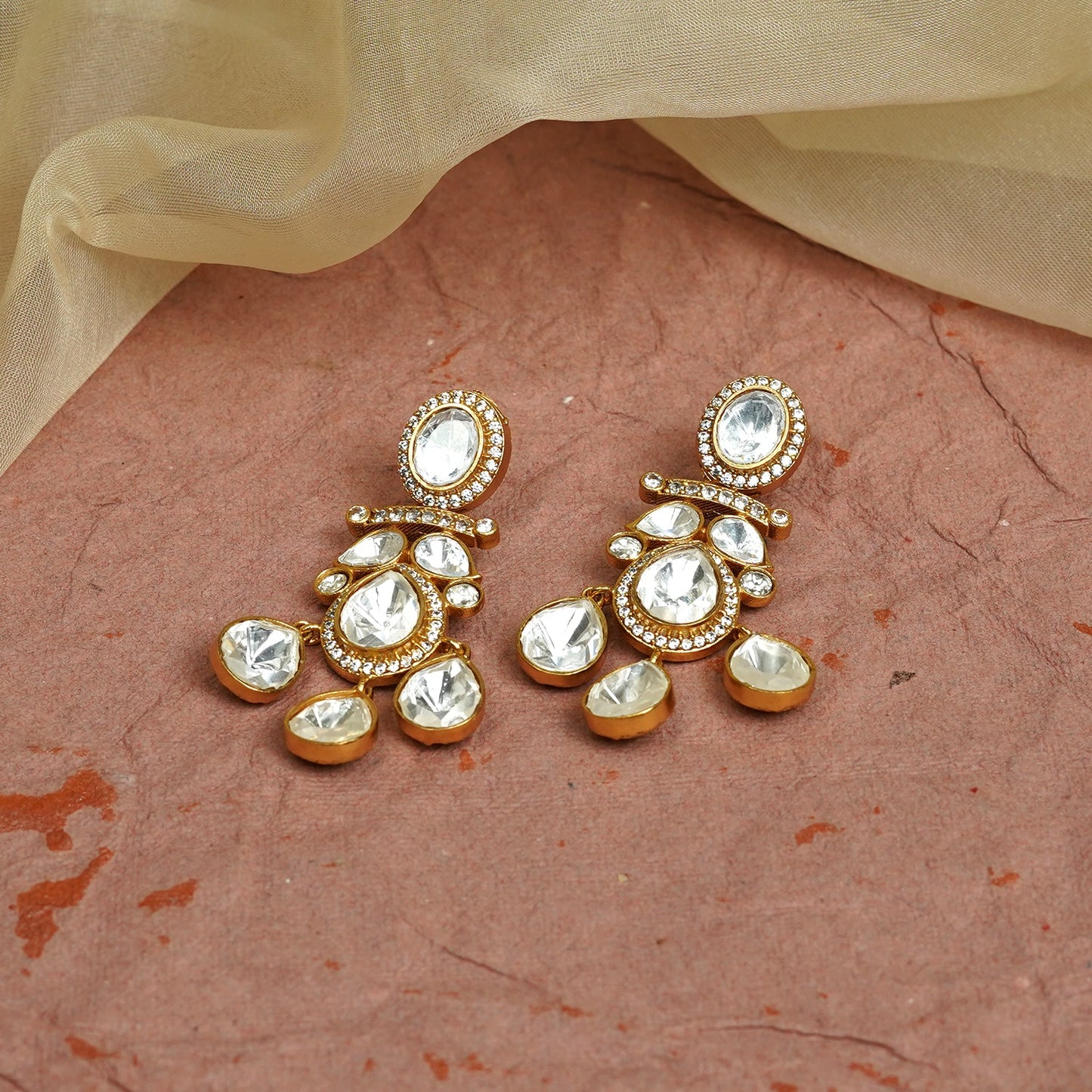 Zevar Club 22K Gold-Plated Handcrafted White Kundan & Zirconia Studded Statement Chandelier Earrings