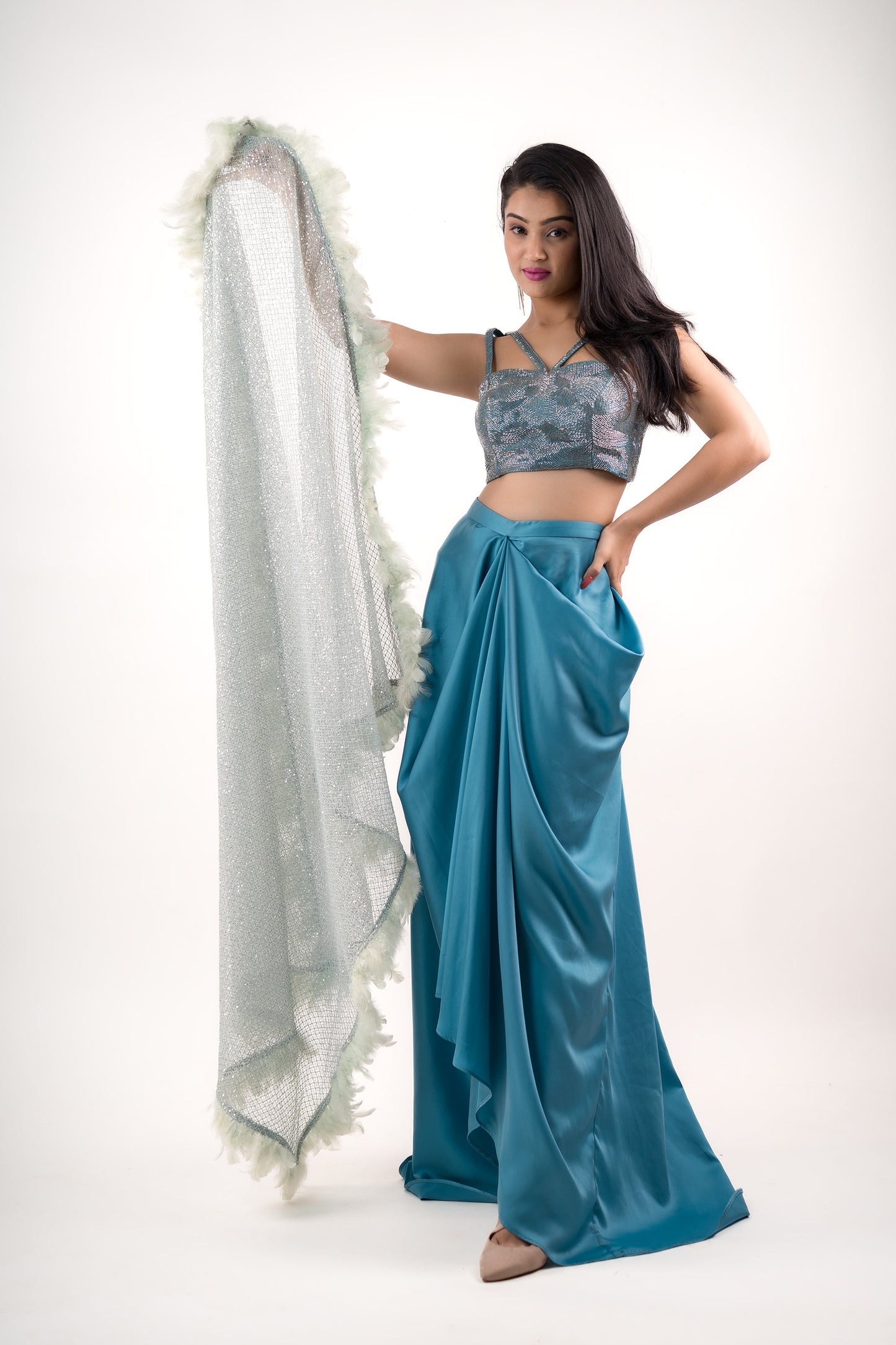 Mint Blue Fancy crop top, draped skirt, the detachable playful stall - Ensemble
