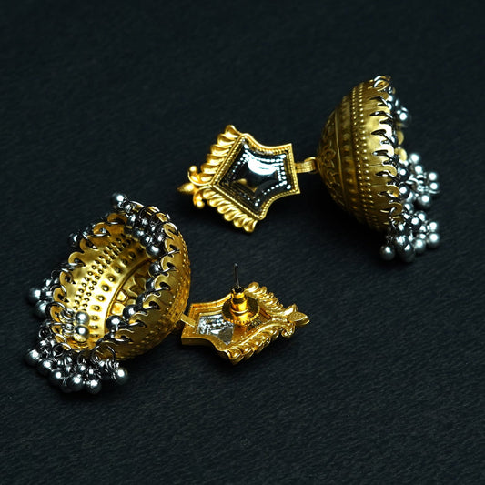 Zevar Club Oxidised Silver-Gold Tone Jhumka Earrings with Silver Beads Statement Design