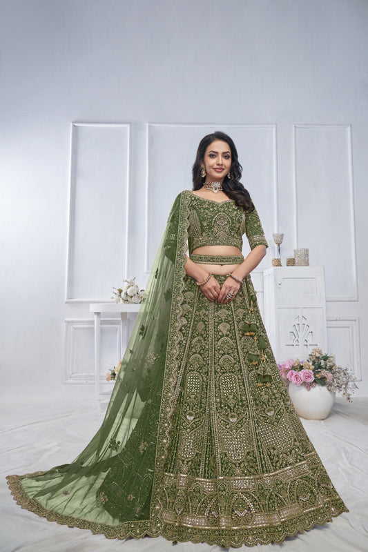 Peacock Green Motif Embroidered Soft Net Bridal lehenga