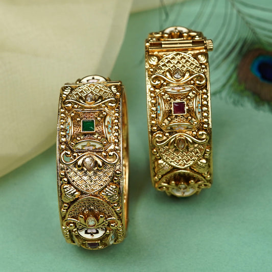 Zevar Club Set of 2 24K Gold-Plated Handcrafted Rajwadi Bangles with Ruby Red & Emerald Green Kundan Studded Floral & Embossed Motifs